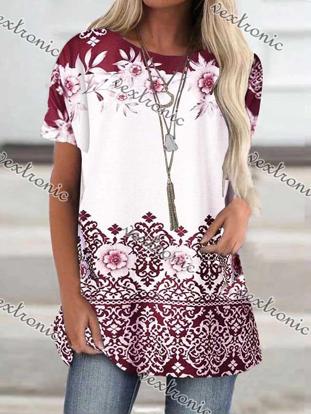 Women Short Sleeve Scoop Neck Floral Printed Top