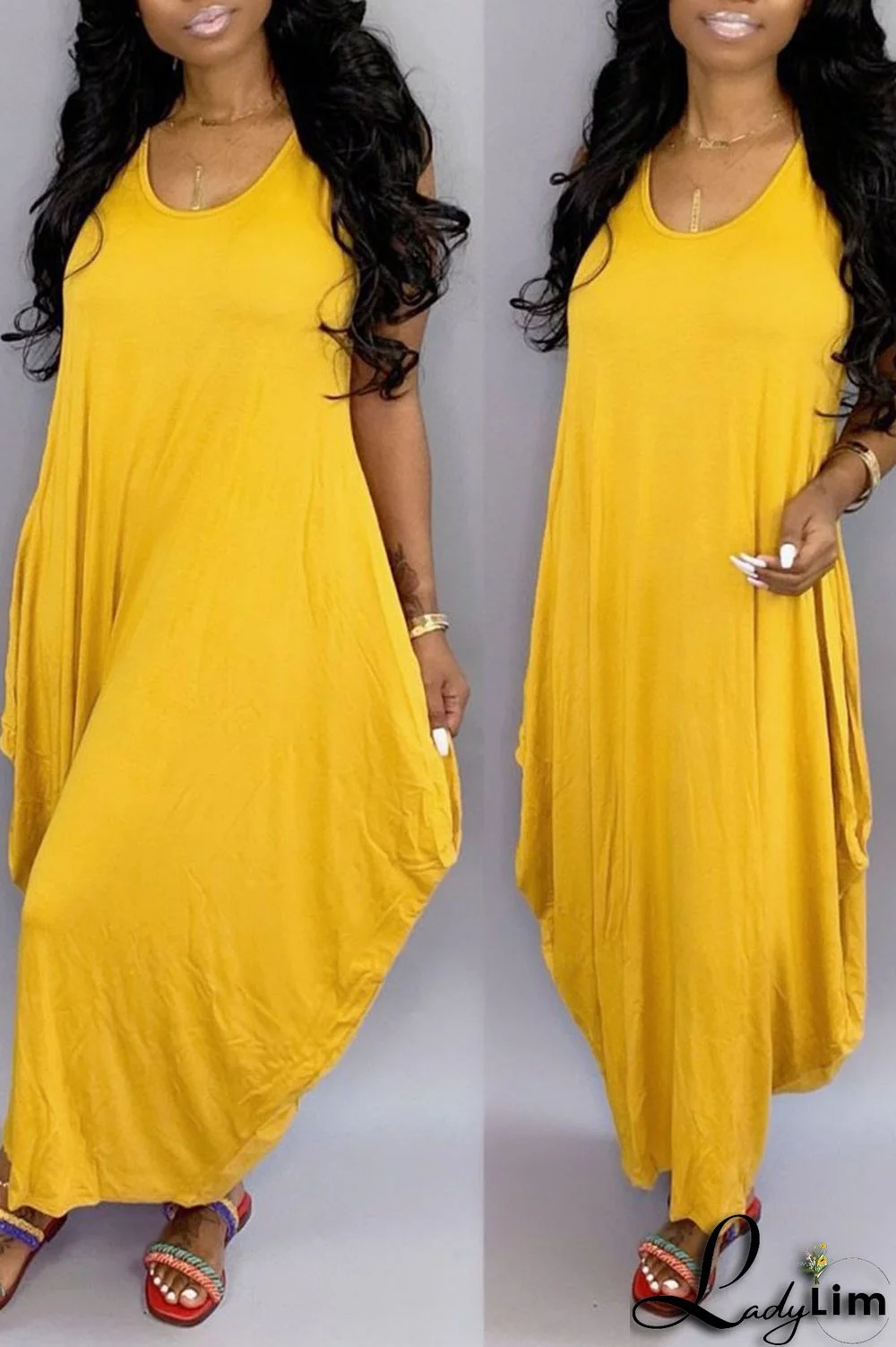 Yellow Casual Solid Patchwork U Neck Long Dress Dresses