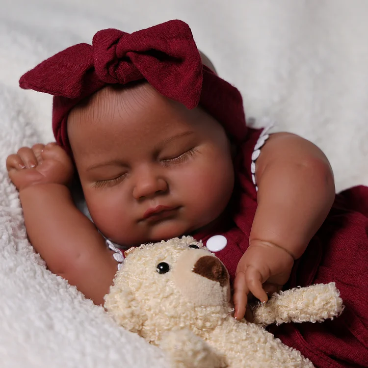 Babeside Pekka 20'' Reborn Baby Doll Sleeping Chubby African American Girl Burgundy Jumpsuit