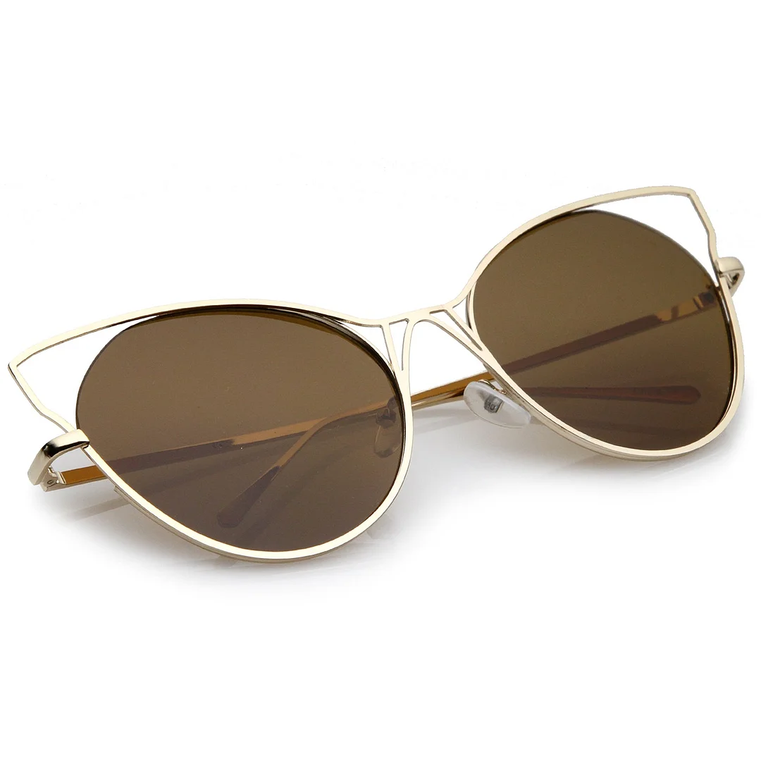 Women's Open Metal Slim Temple Neutral Colored Flat Lens Oversize Cat Eye glasses 60mm