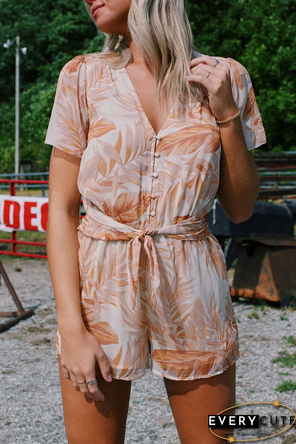 Khaki Tropical Leaf Print Button Belted Chiffon Romper