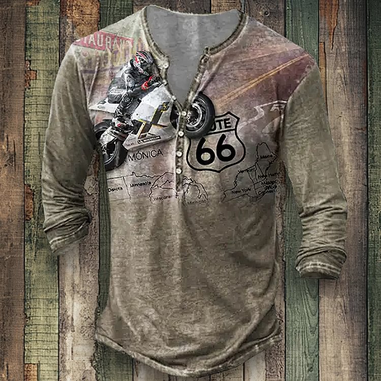 BrosWear Men'S Button Retro Locomotive Route US 66 T-Shirt