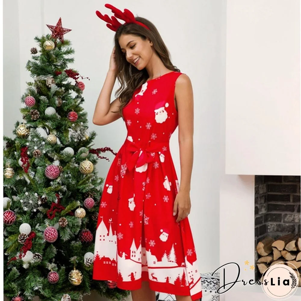 Womens Vintage Sleeveless Santa Christmas 1950s Retro Xmas Evening Prom Swing Dress