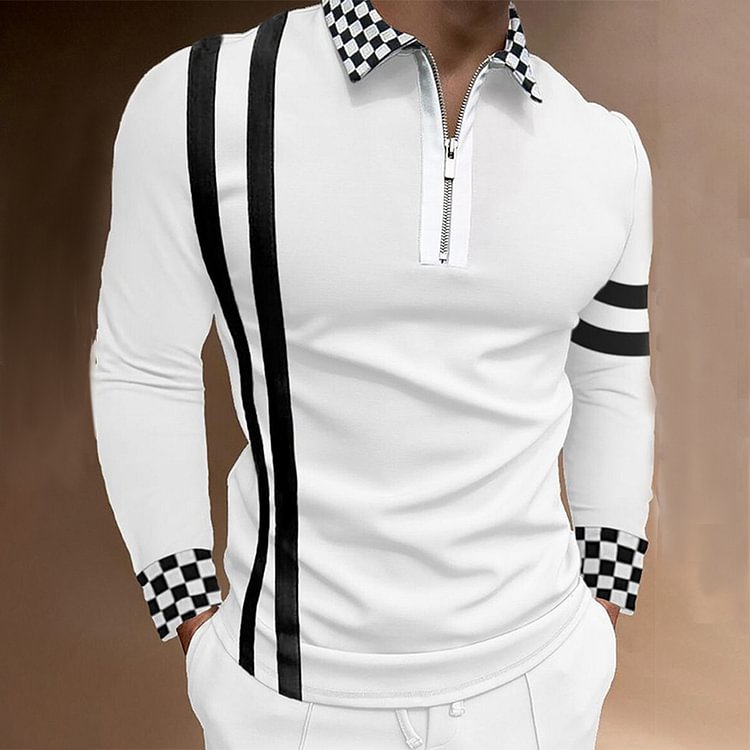BrosWear Men's Long Sleeve Lapel Stripe Plaid Polo Casual Shirt