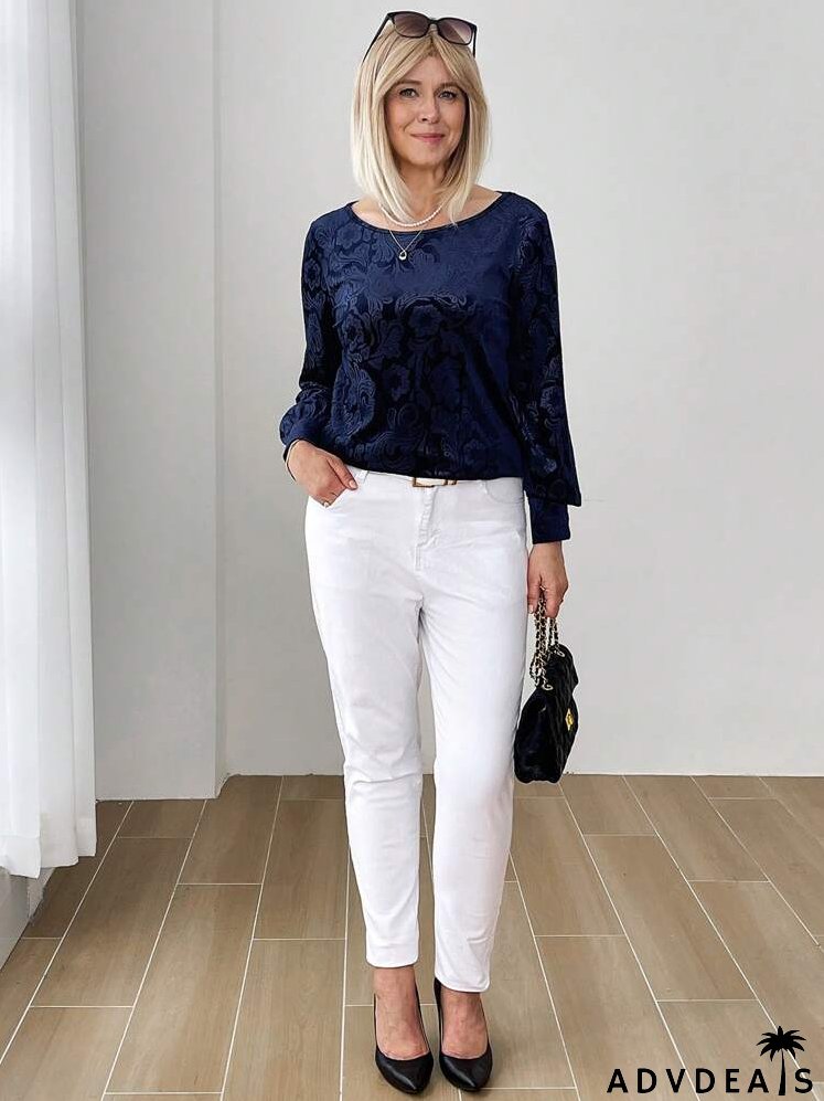 Women's Casual Floral Pattern Round Neck Long Sleeve Commuter T-Shirt, Autumn