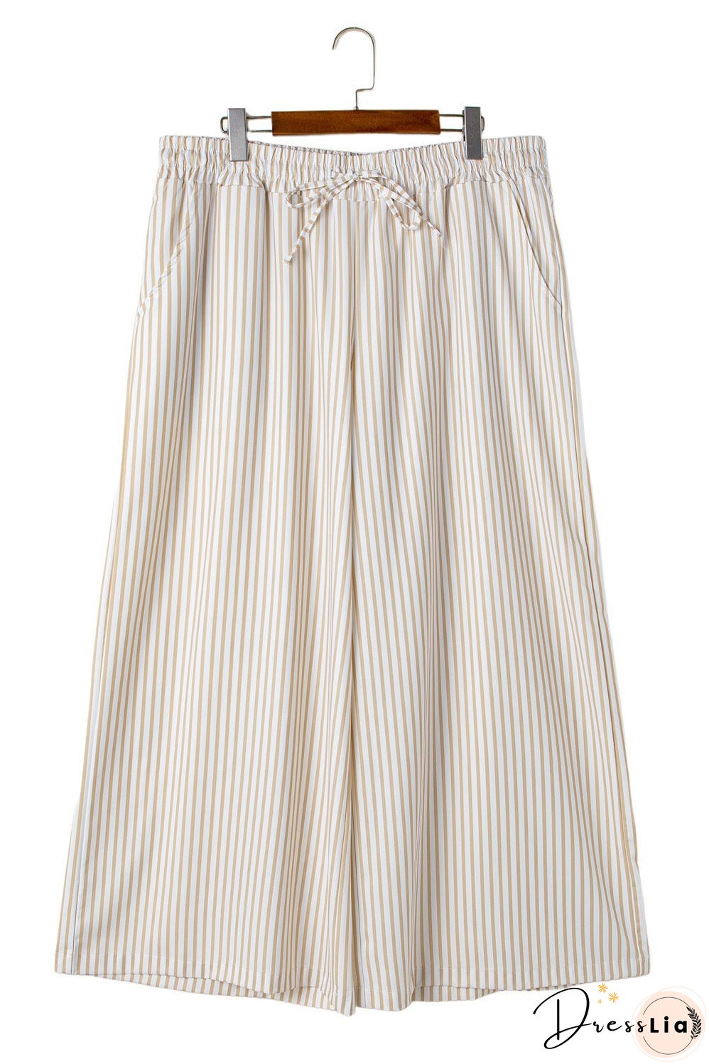 Khaki Stripe Plus Size Drawstring High Waist Wide Leg Pants