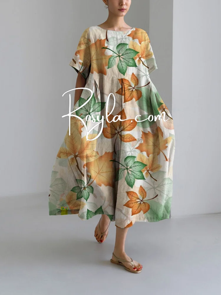 Women's Simply Leaves Print Loose Round Neck Medium Length Skirt Dress
