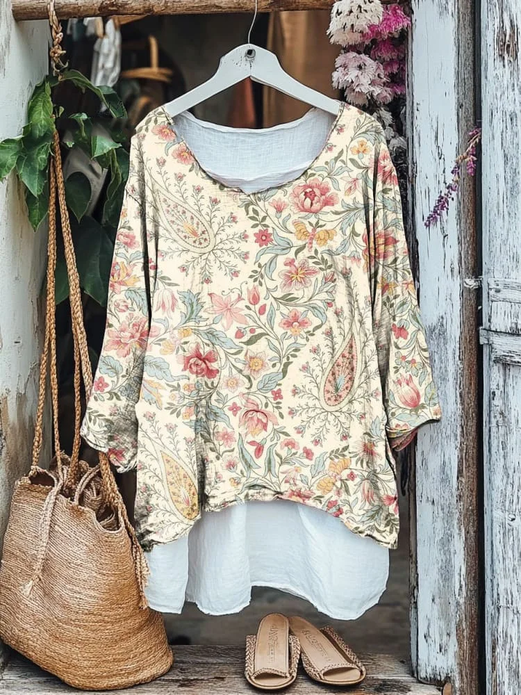Retro Bohemian Plant Floral V-neck Cotton Linen Blouse