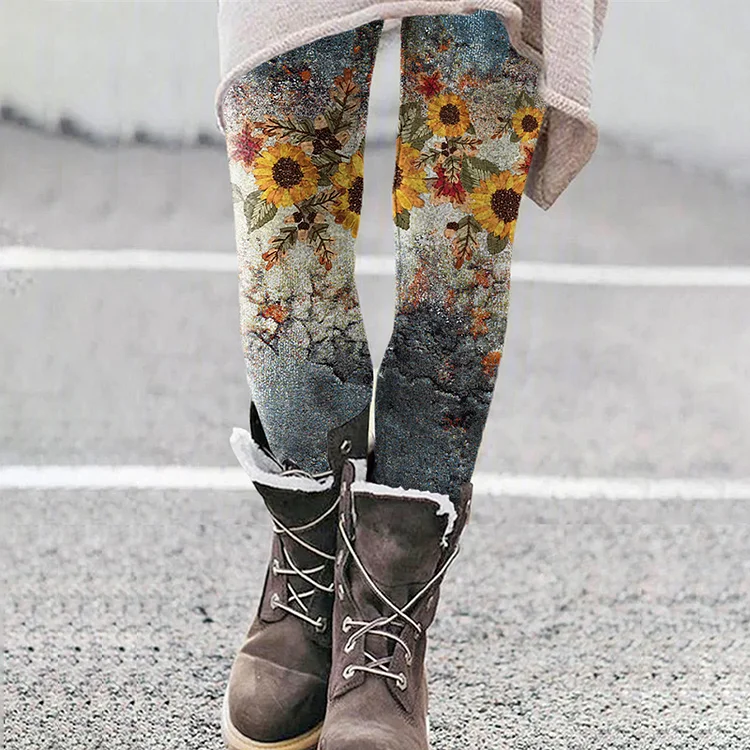 VChics Sunflower Art Pattern Tight Elastic Leggings