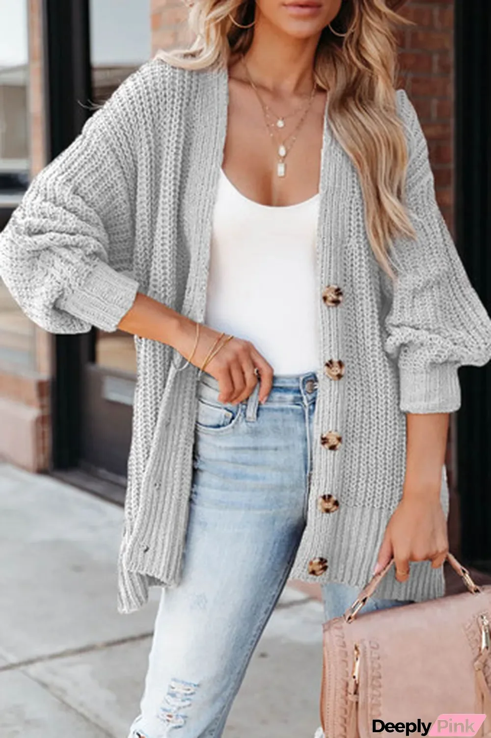 Gray Buttoned Front Drop Shoulder Knitted Cardigan