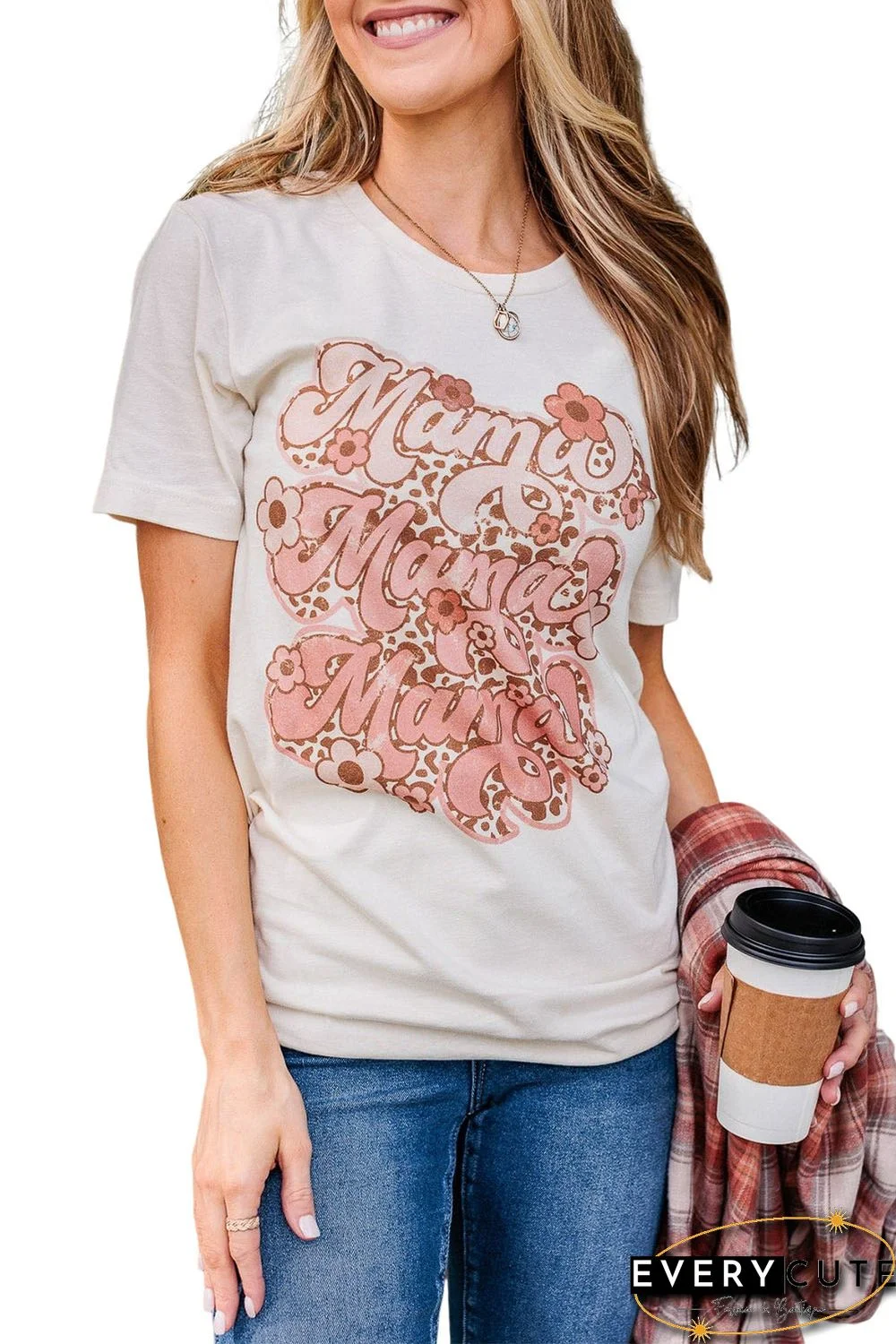 White Mama Flower Leopard Print Short Sleeve Graphic Tee