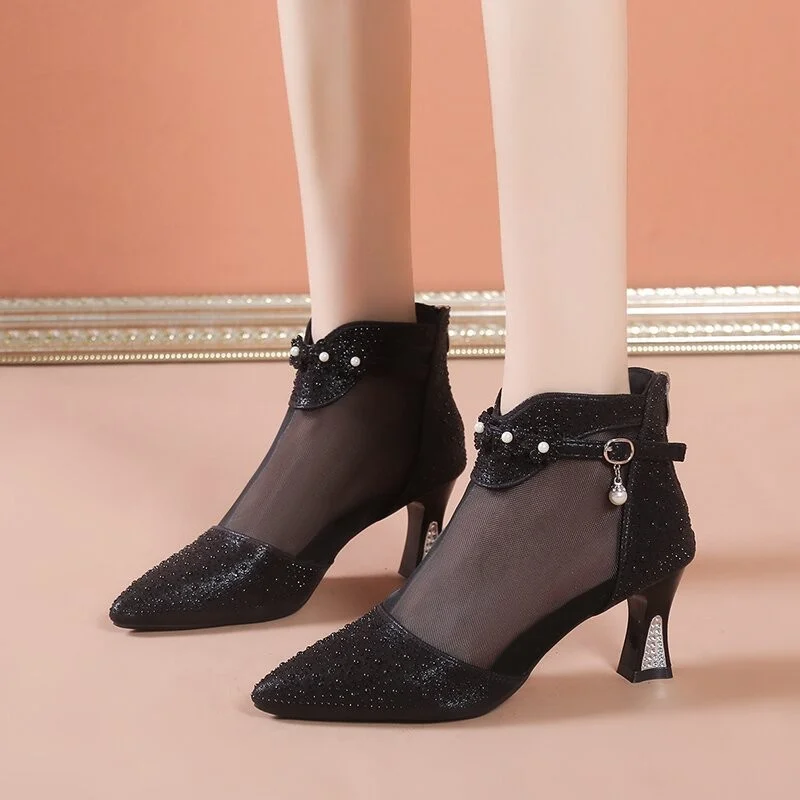 Yyvonne New Korean Version Of Fashion Tip Zipper High-Heeled Women's Sandals Large Size Water Drill Breathable Mesh Yarn Cool Boots