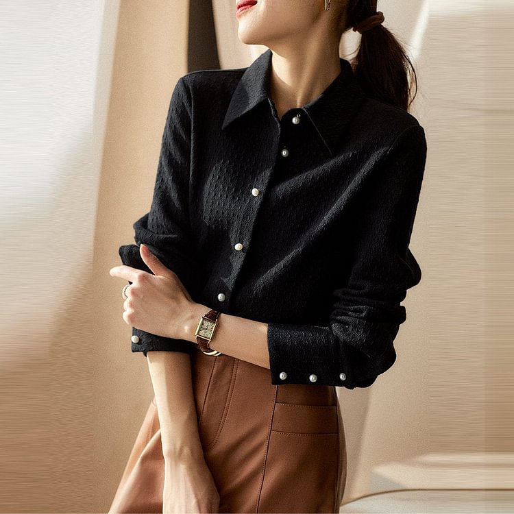 Black Shift Long Sleeve Cotton-Blend Shirts & Tops