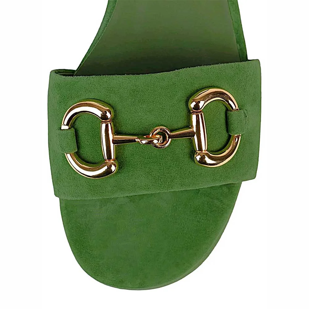 Green Round Toe Buckle Horsebit Ankle Strap Platform Sandals