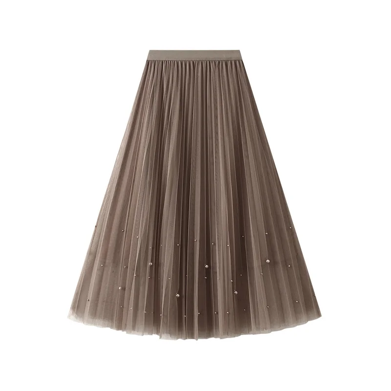 Nigikala Nigikala Industry Nail Pearl Dress Women's Half-Dress Dress 2025 Spring And Autumn Mid-Autumn Long Dress Net Yarn Dress 100Folded Dress 8581