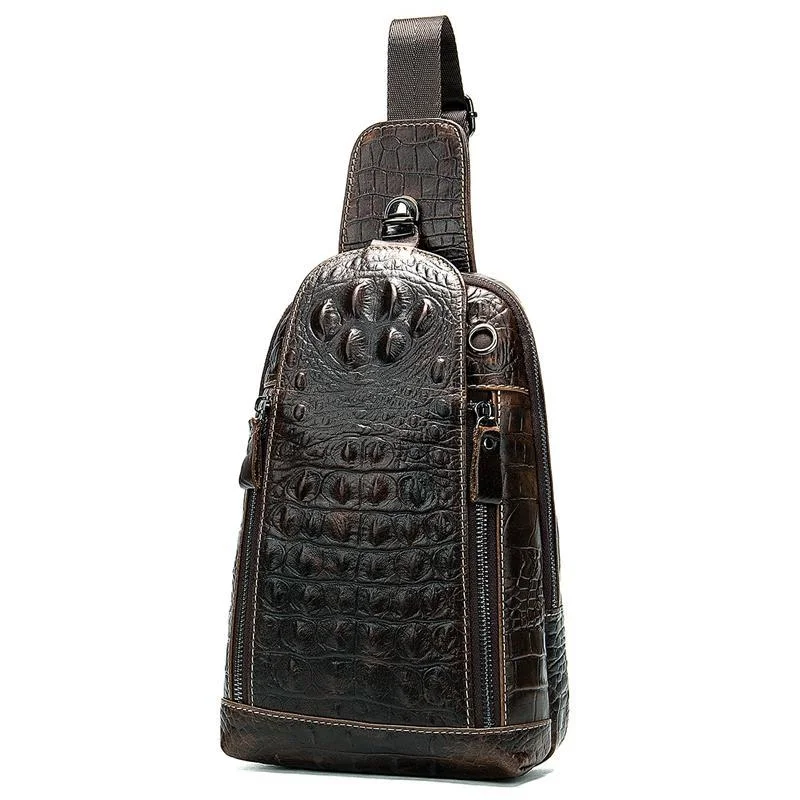 Mens Alligator Pattern Cow Leather Crossbody Bag Chest Bag