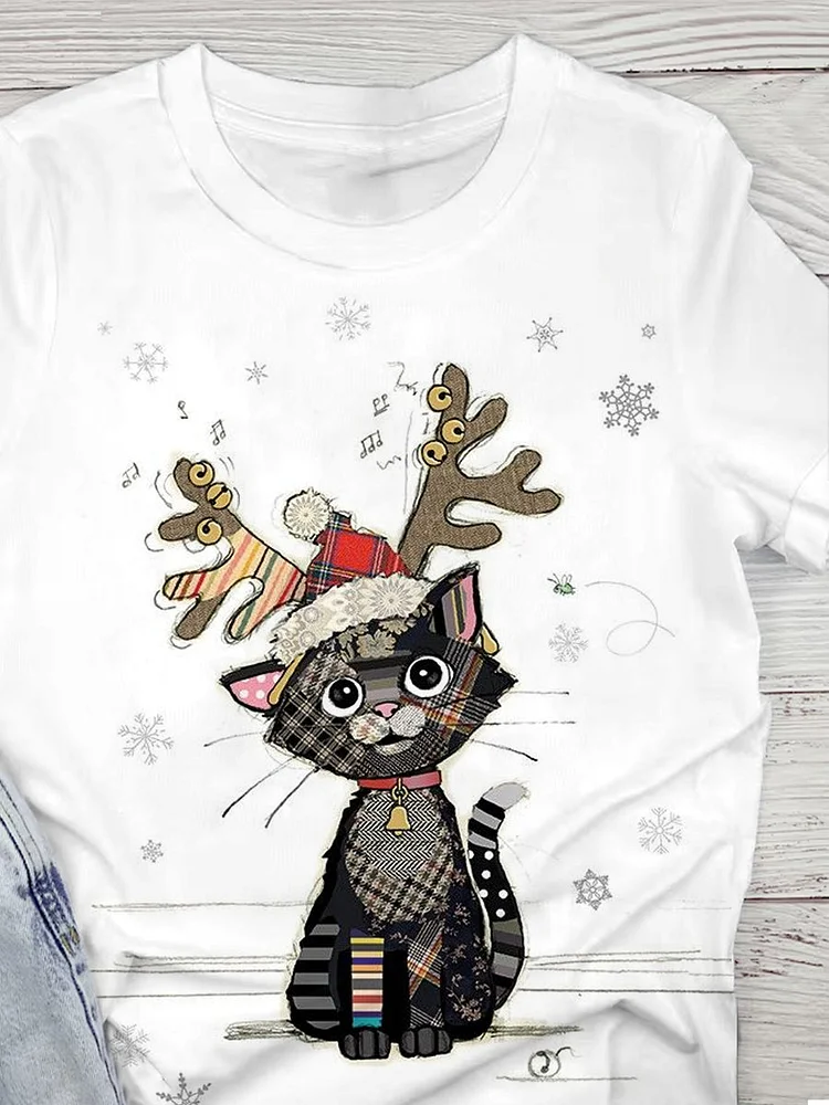 Unisex Christmas Cat Print Casual Short-Sleeved T-Shirt