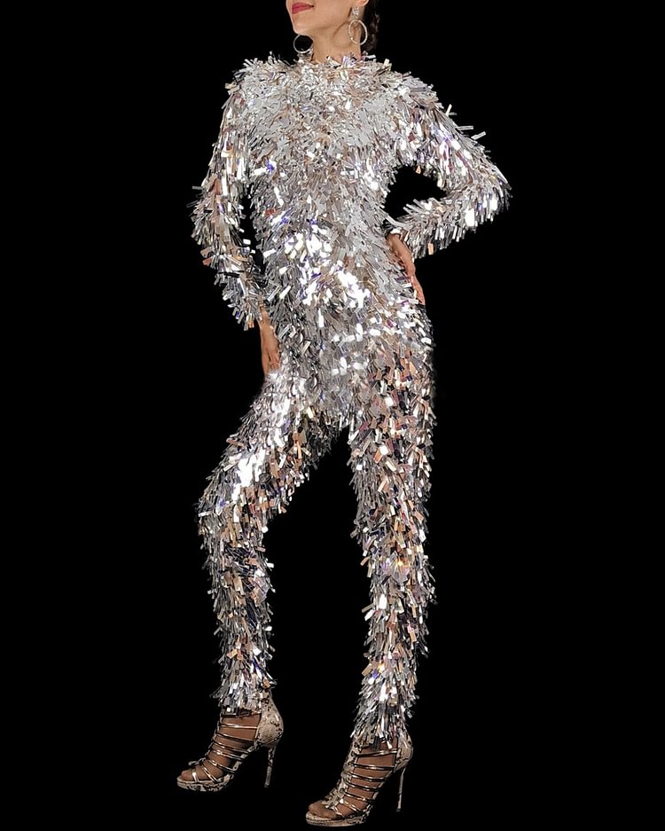 Futuristic Rectangular Sequined Slim Fit Jumpsuit