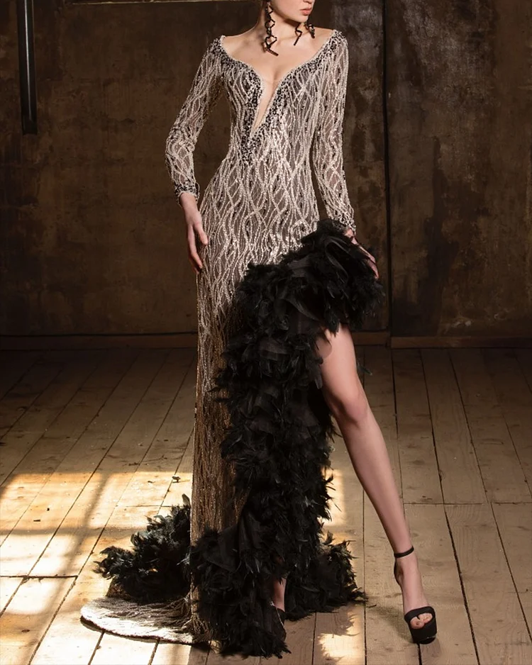 Women's Long Sleeve Slit Feather Evening Dress