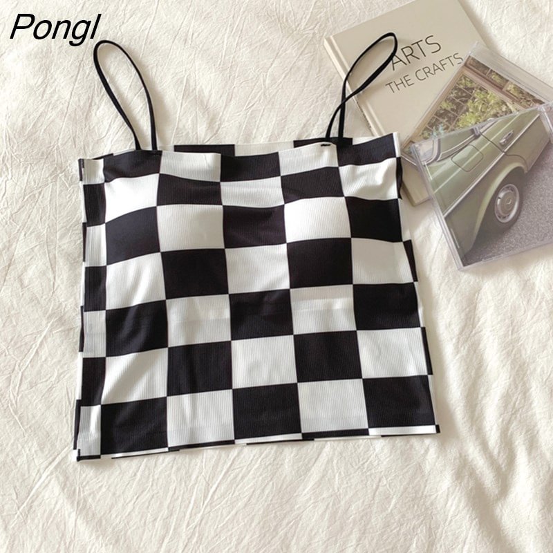 Pongl Women Plaid Crop Top With Padded Slim Crop Tops Patchwork Camisole Tube Tops Spaghetti Bra Top Women 2022 Summer
