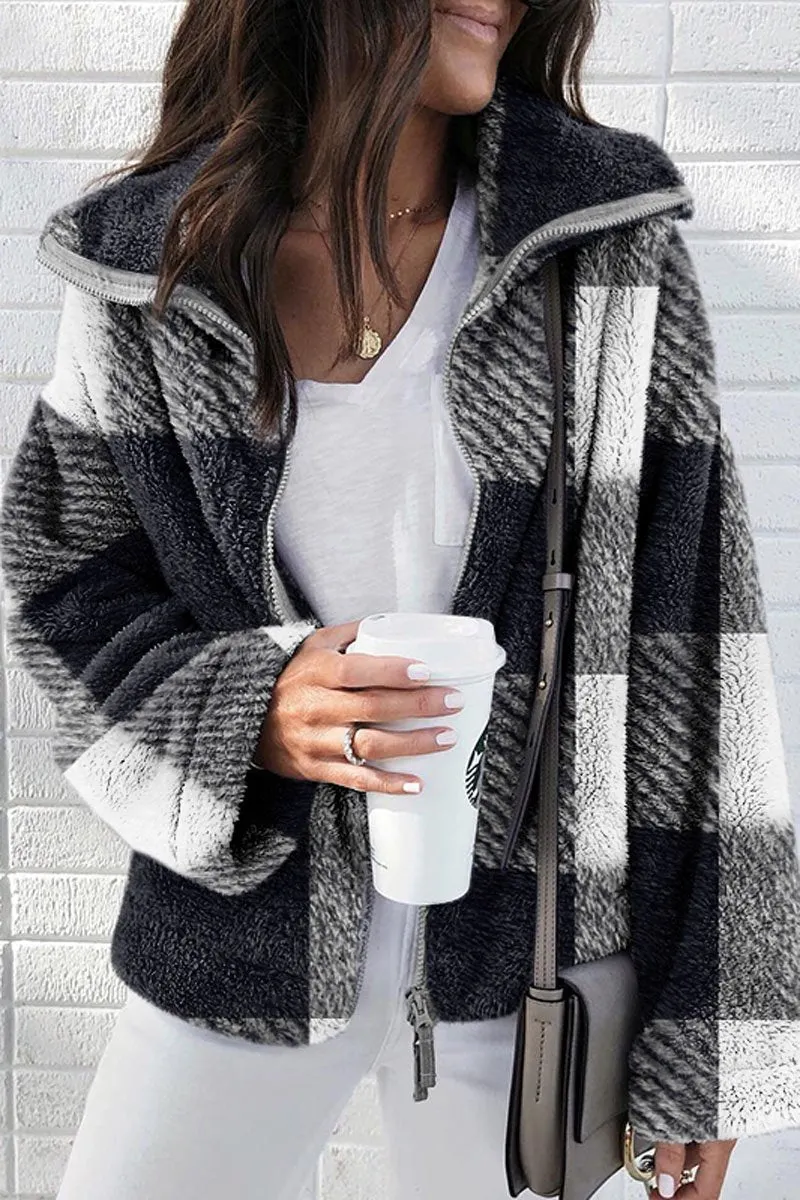 Contrast Plaid Casual Zipper Coat