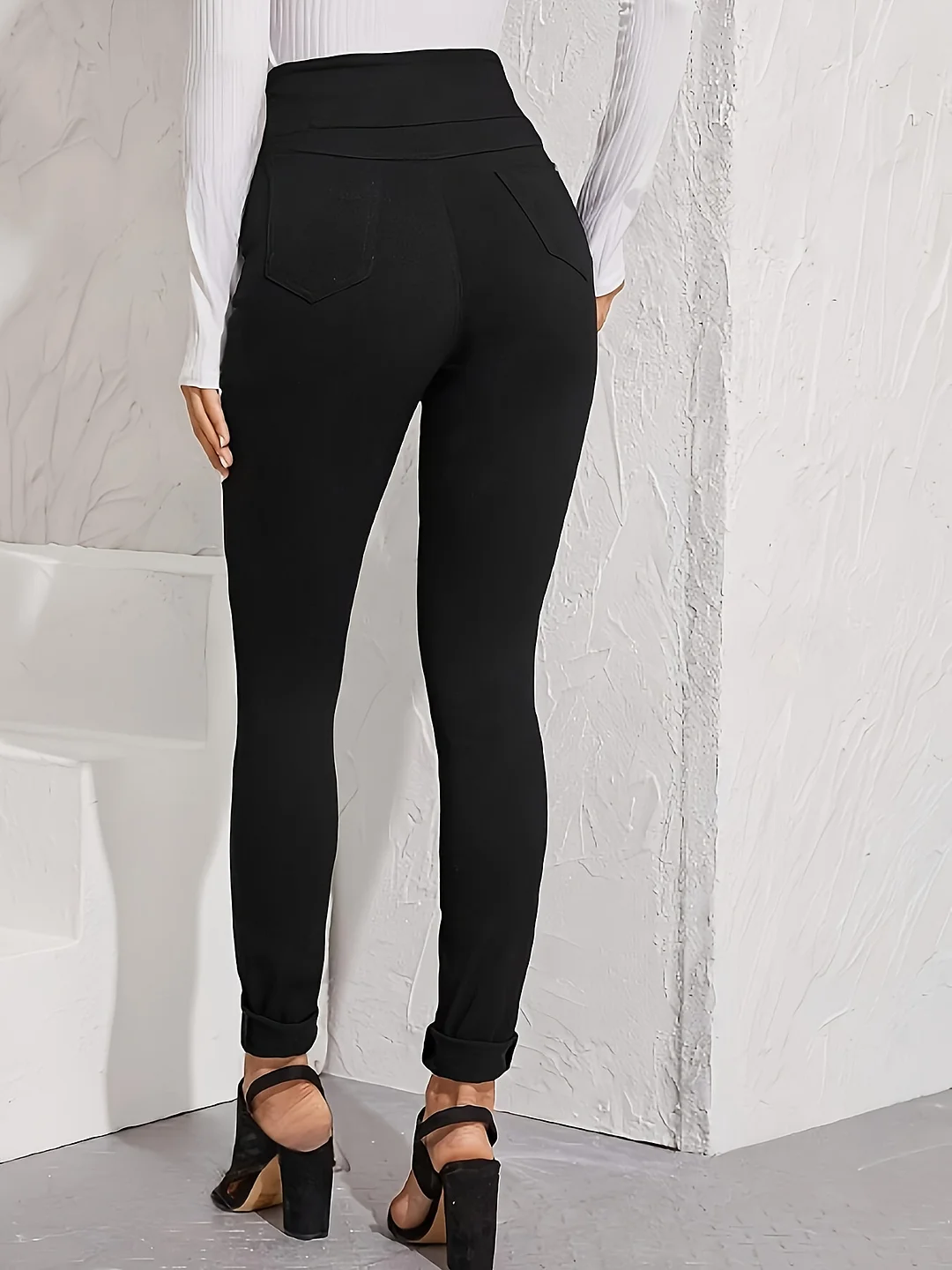 Women's High-Waist Skinny Casual Pants With Button Detail - Stretchy, Comfortable Black Trousers For Casual Attire, High Waist Pants, Versatile Clothing, Smooth Texture | IFYHOME