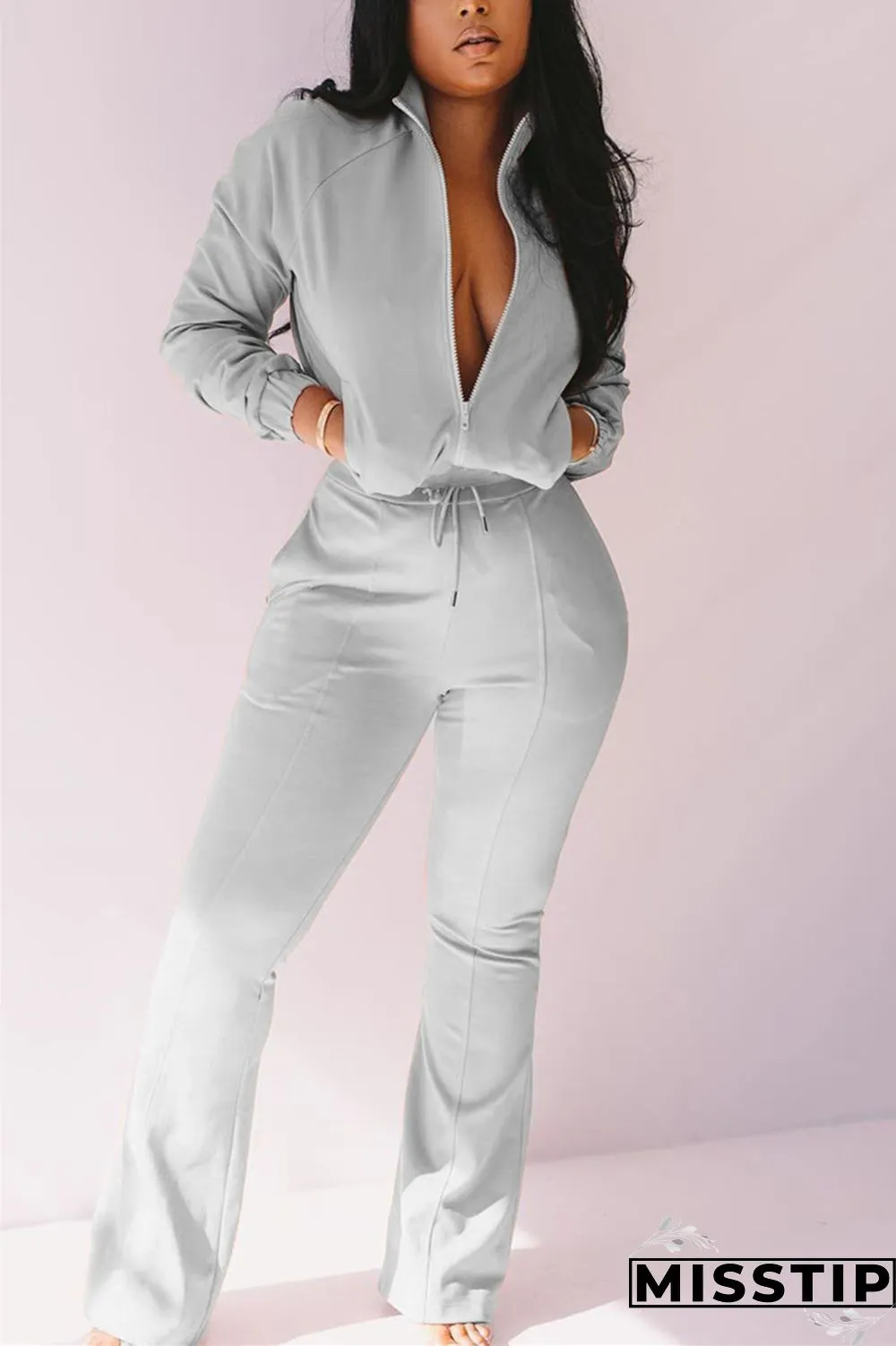 Light Pink Fashion Casual Long Sleeve Zipper Collar Regular Sleeve Regular Solid Two Pieces