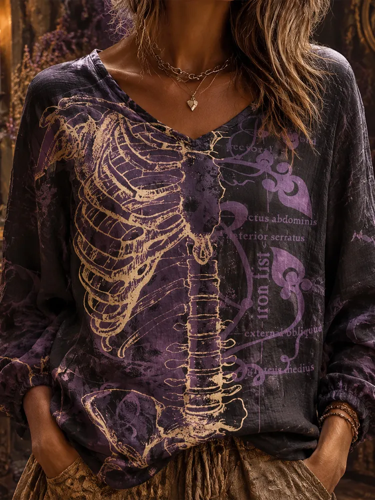 Women's Vintage Skeleton And Floral Print Casual Witch Long Sleeve Top artswardrobe