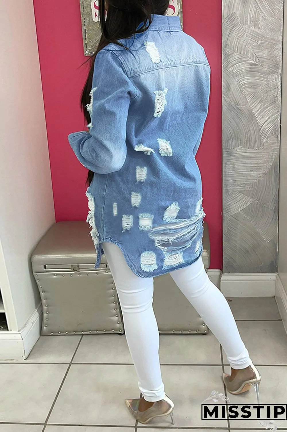 Deep Blue Fashion Casual Solid Ripped Turndown Collar Long Sleeve Regular Denim Jacket