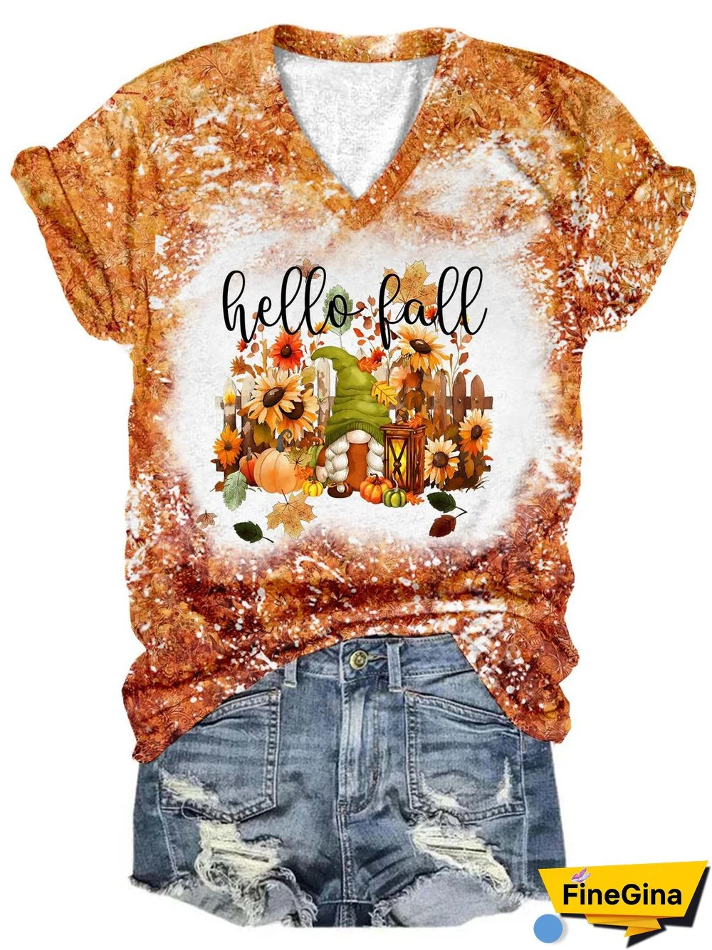 Hello Fall Gnome Tie Dye V Neck T-Shirt