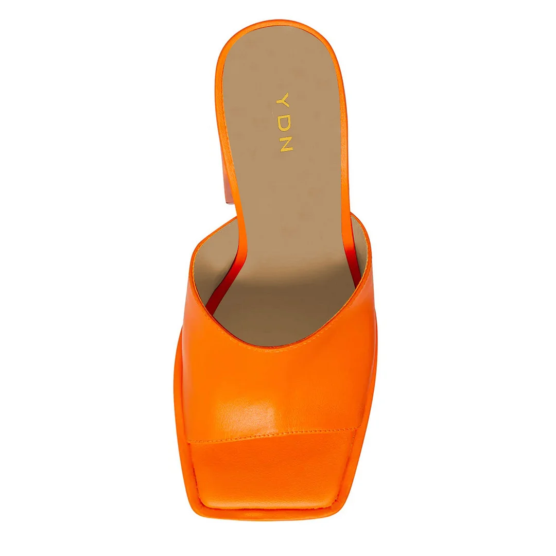 Orange Vegan Leather Square Toe Platform Block Heel Fashionable Mules