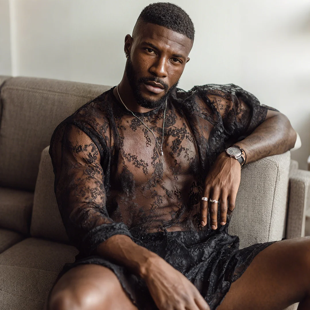 Men's Basic Everyday Casual Wear, Comfortable And Loose Fit, Sexy Lace Long-sleeved Top-inspireuse