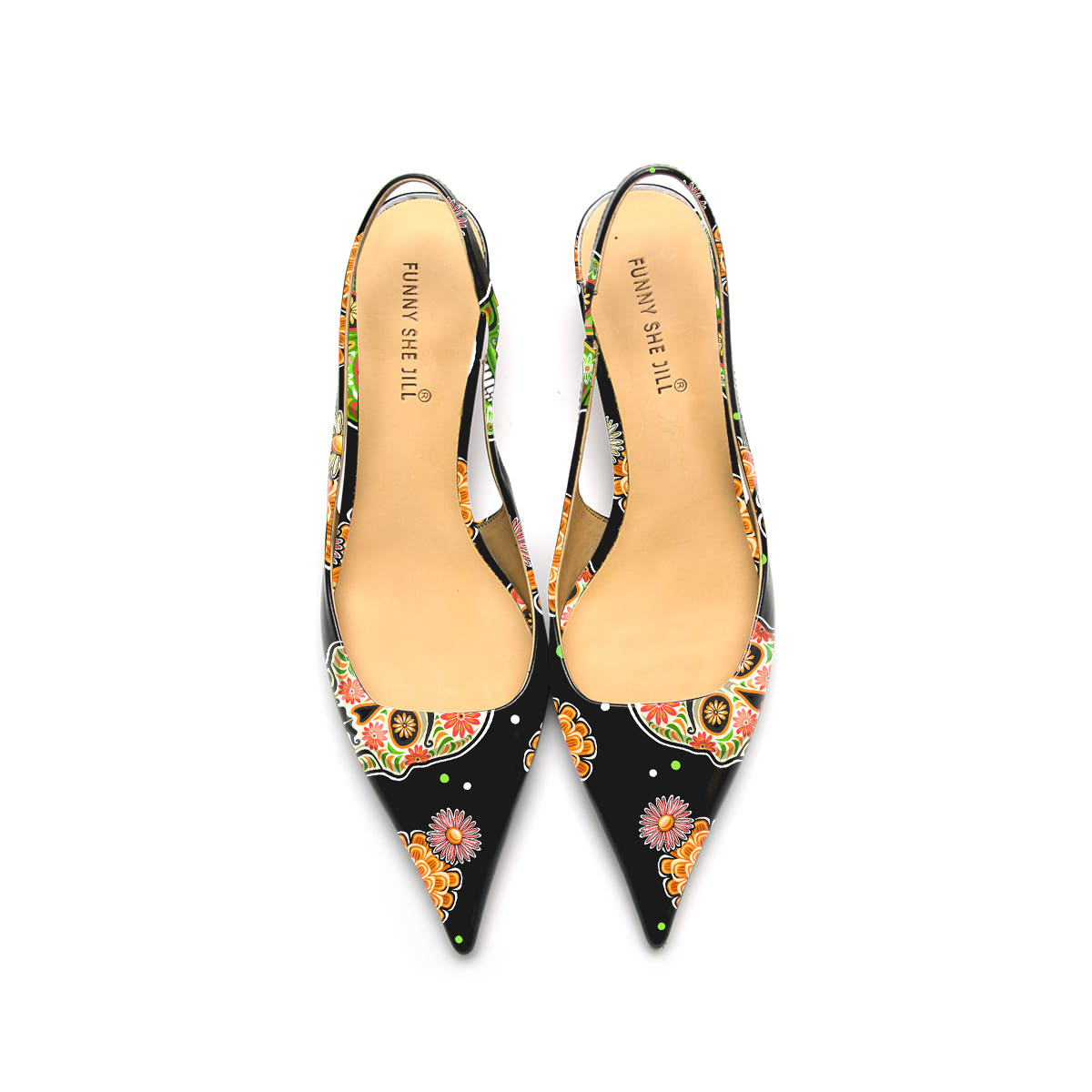 Gothic Skull Pattern Patent Leather Pointed Toe Elegant Kitten Heel Nicepairs