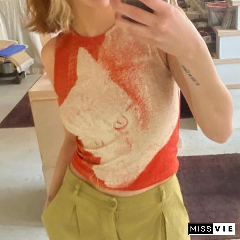 Women Trendy Portrait Letter Printed Tank Tops Summer Vest Female Round Neck Sleeveless Slim Fit Crop Tops
