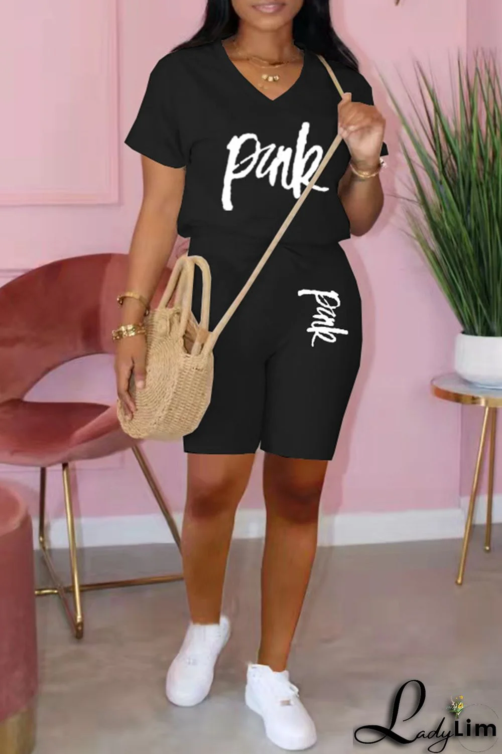 Black Fashion Casual Letter Print Basic V Neck Short Sleeve Two Pieces
