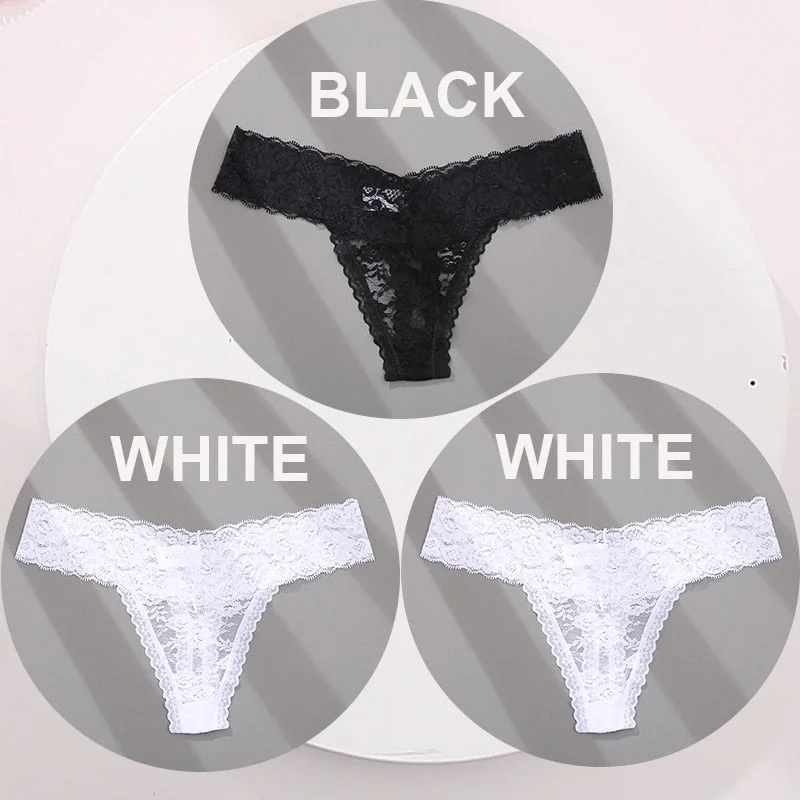 FINETOO 3PCS/Set M-XL G-string Thong Panties for Woman Sexy Lace Floral Underwear Transparent Women's Underpants Female Lingerie