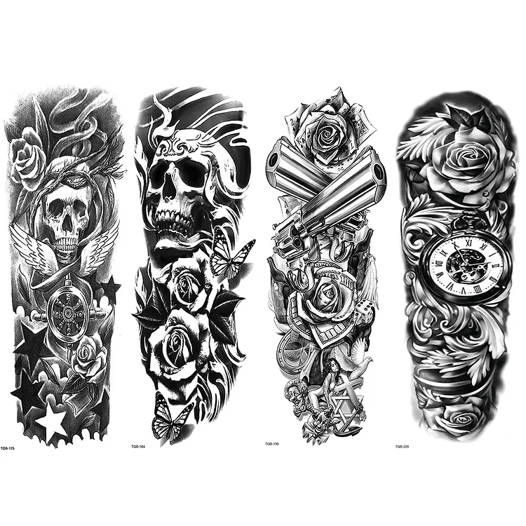 4 Sheets Skull Star Rose Gun Full Arm Sleeves