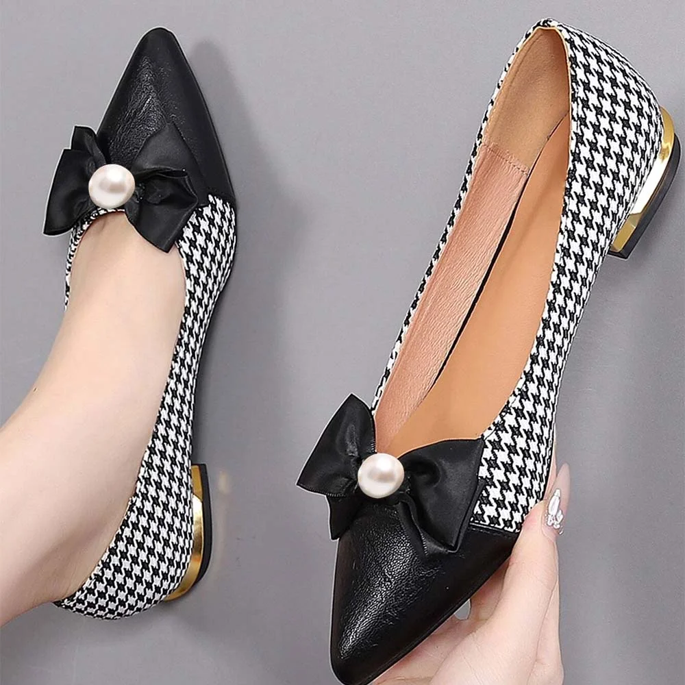 Black Pointed Toe Flats With Pearl Bow Decor White & Black Colorblock Flats Nicepairs