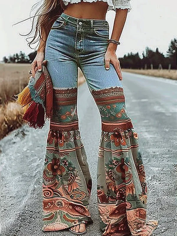 Floral Printed High-Waisted Pockets Flared Pants Jean Pants Bottoms
