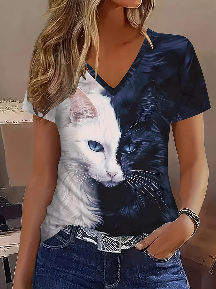 Breathable Vibrant 3d Cat Print V-Neck T-Shirt | Casual Short Sleeve, Abstract Gradient Animal Design, Women's Summer To