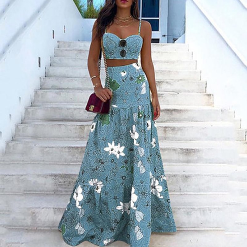 Fashion Retro Floral Suit Skirt Maxi Dress Two-piece Outfit MusePointer