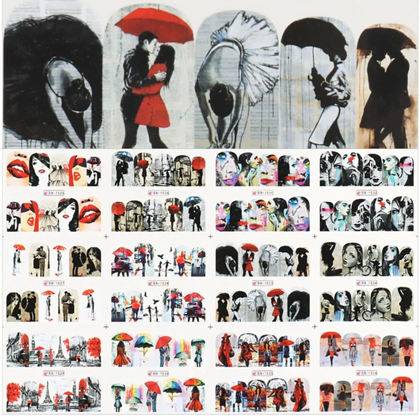 Nail Stickers Water Transfer Ballet And Love Abstract Art Designs 12Pcs/Set Nail Decal Decoration Tips For Beauty Salons-Nail Inspo