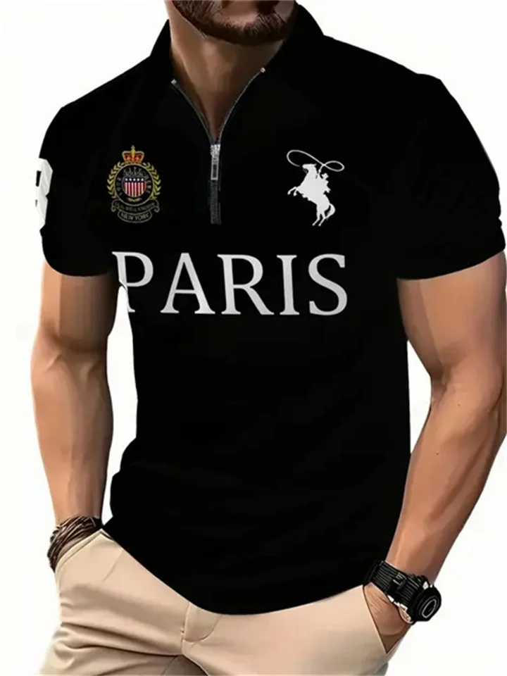 Men's New Printed Pattern Short-sleeved Zipper Polo Shirt Lapel Short Sleeve