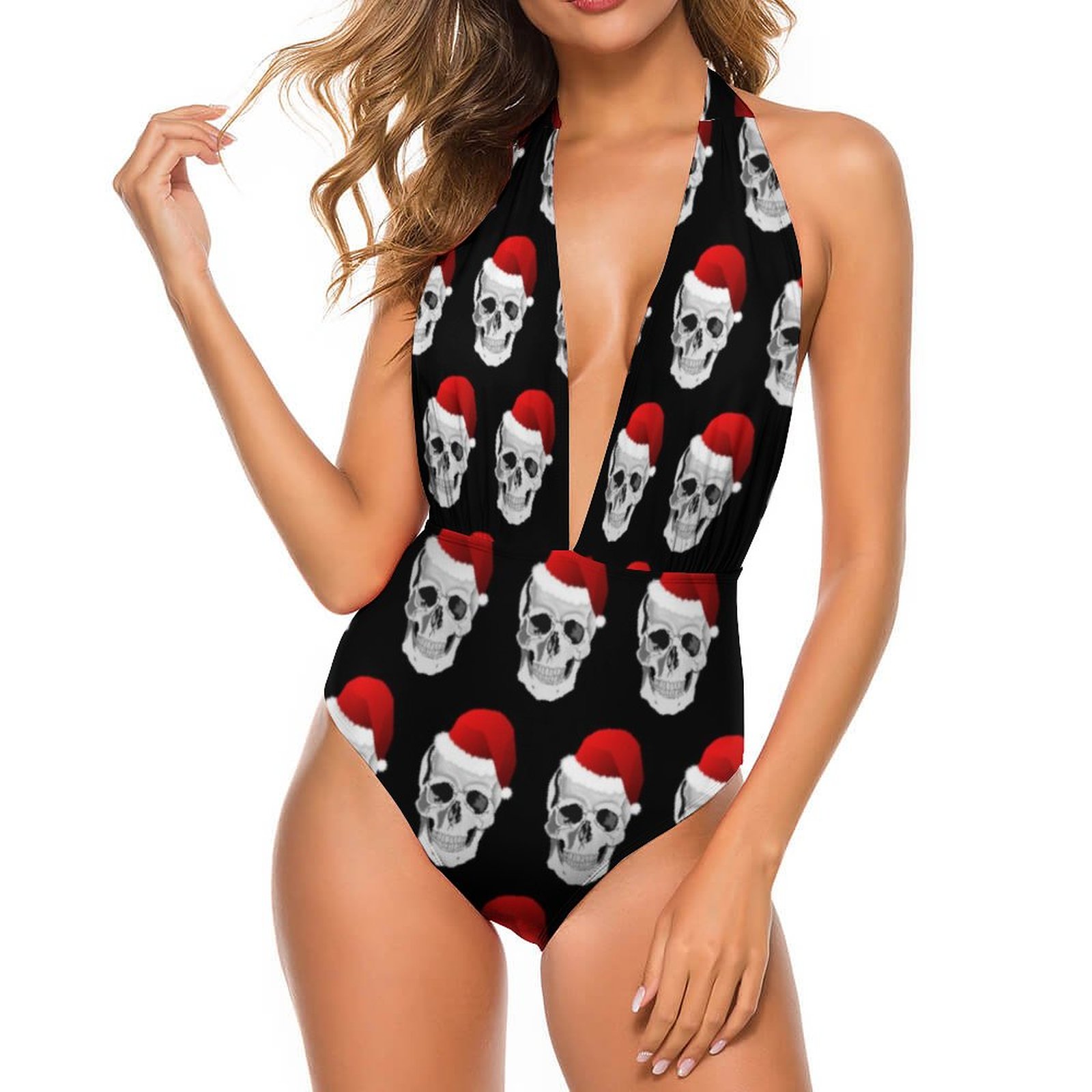 Christmas Skull Swimwear Women Halter Plunge V Neck One Piece Swimsuits Sexy Backless Monokini Bathing Suits