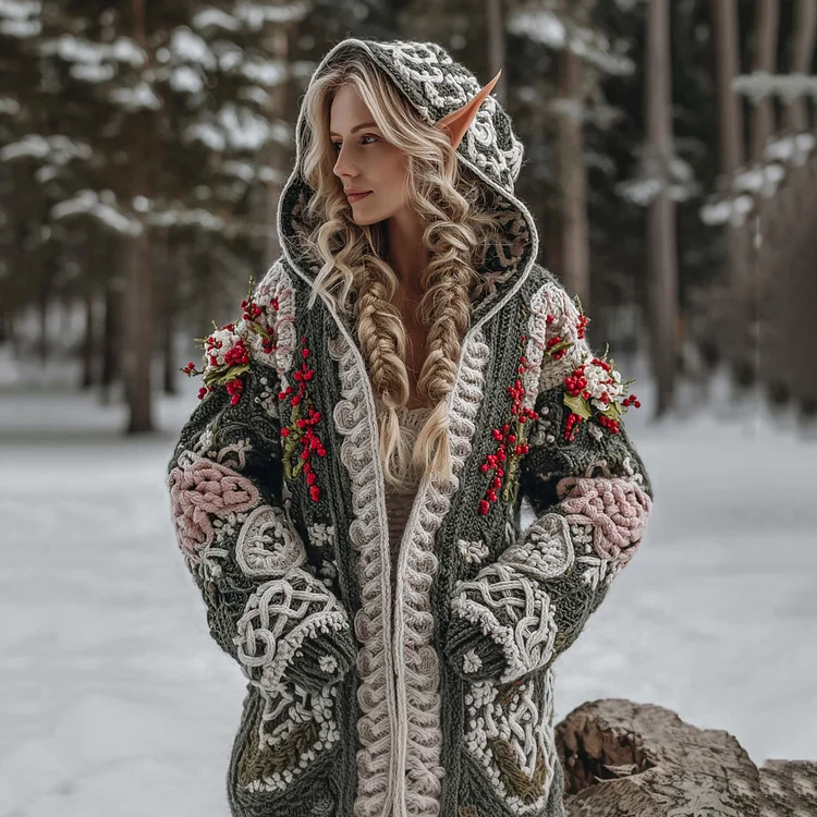 Women's Celtic Knot Christmas Flower Jacquard Chunky Hooded Sweater Cardigan