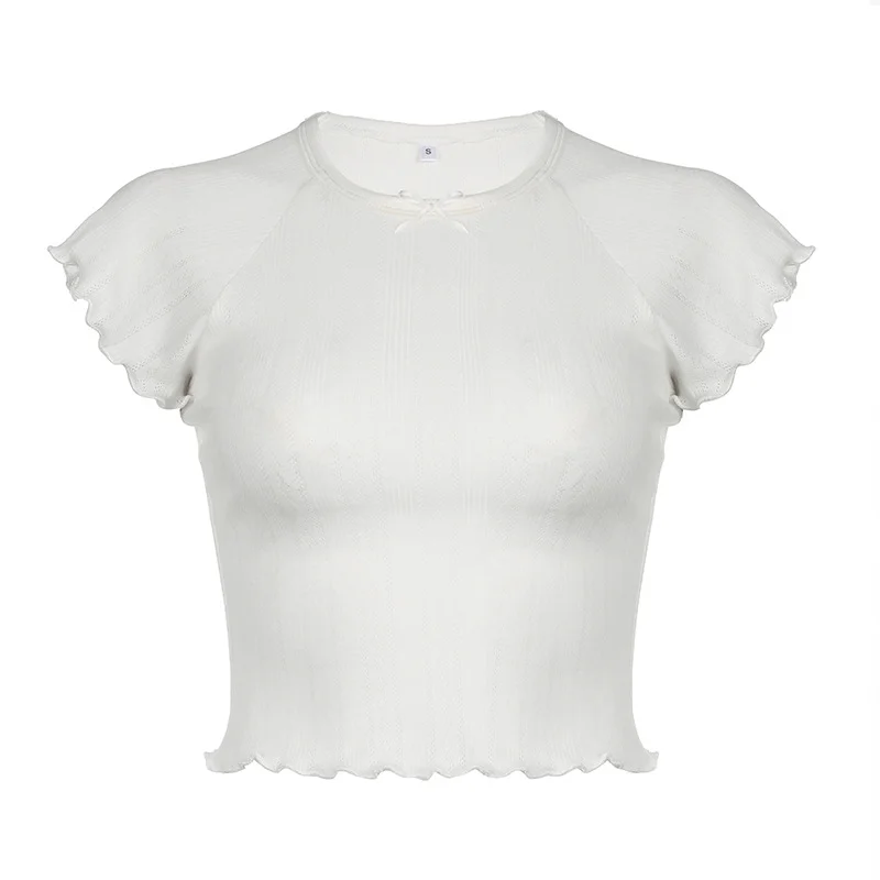 Ueong Girls Wear Pure White Refreshing Bow Spliced Tight-Edged Short-Sleeved T-Shirt 2024 Summer New Style