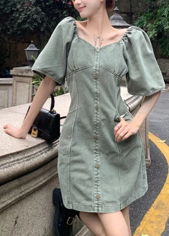 Slim Fit Grey Green Patchwork Button Denim Mid Dress Summer