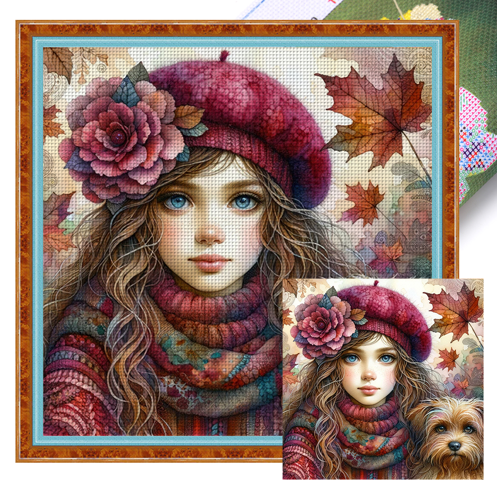Girl And Puppy Full 14CT Pre-stamped Canvas(50*50cm) Cross Stitch