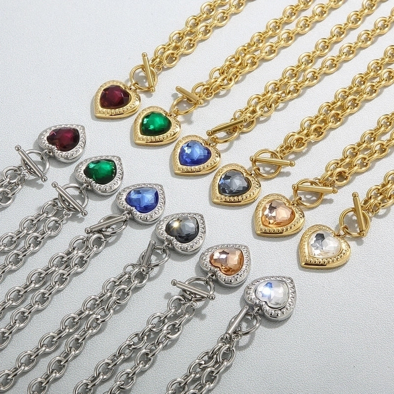 Fashion Heart Shape Titanium Steel Plating Inlay Glass Pendant Necklace 1 Piece