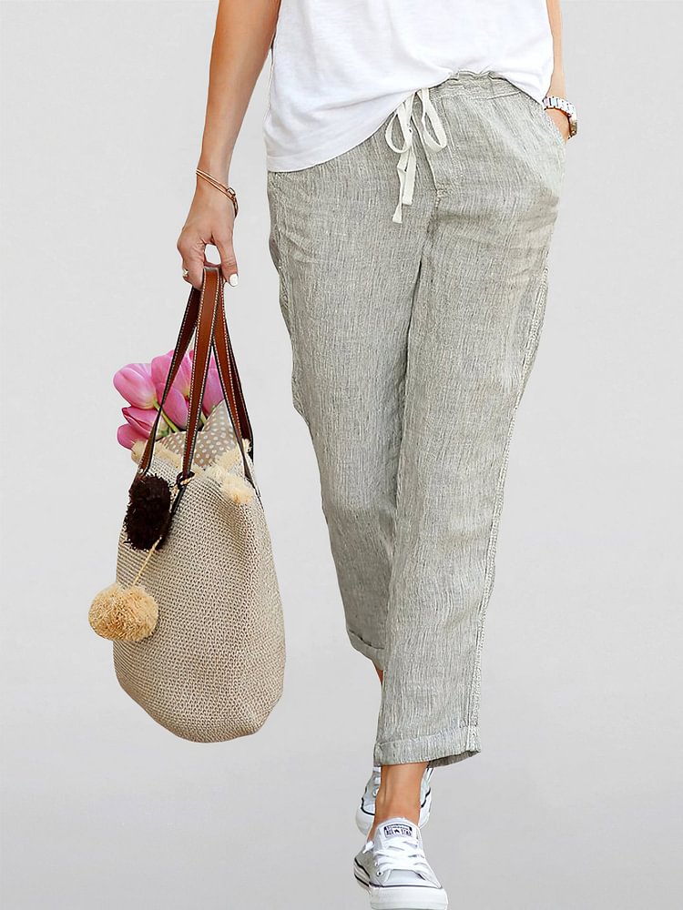 Women Capri Pants Pockets Drawstring Casual Pants